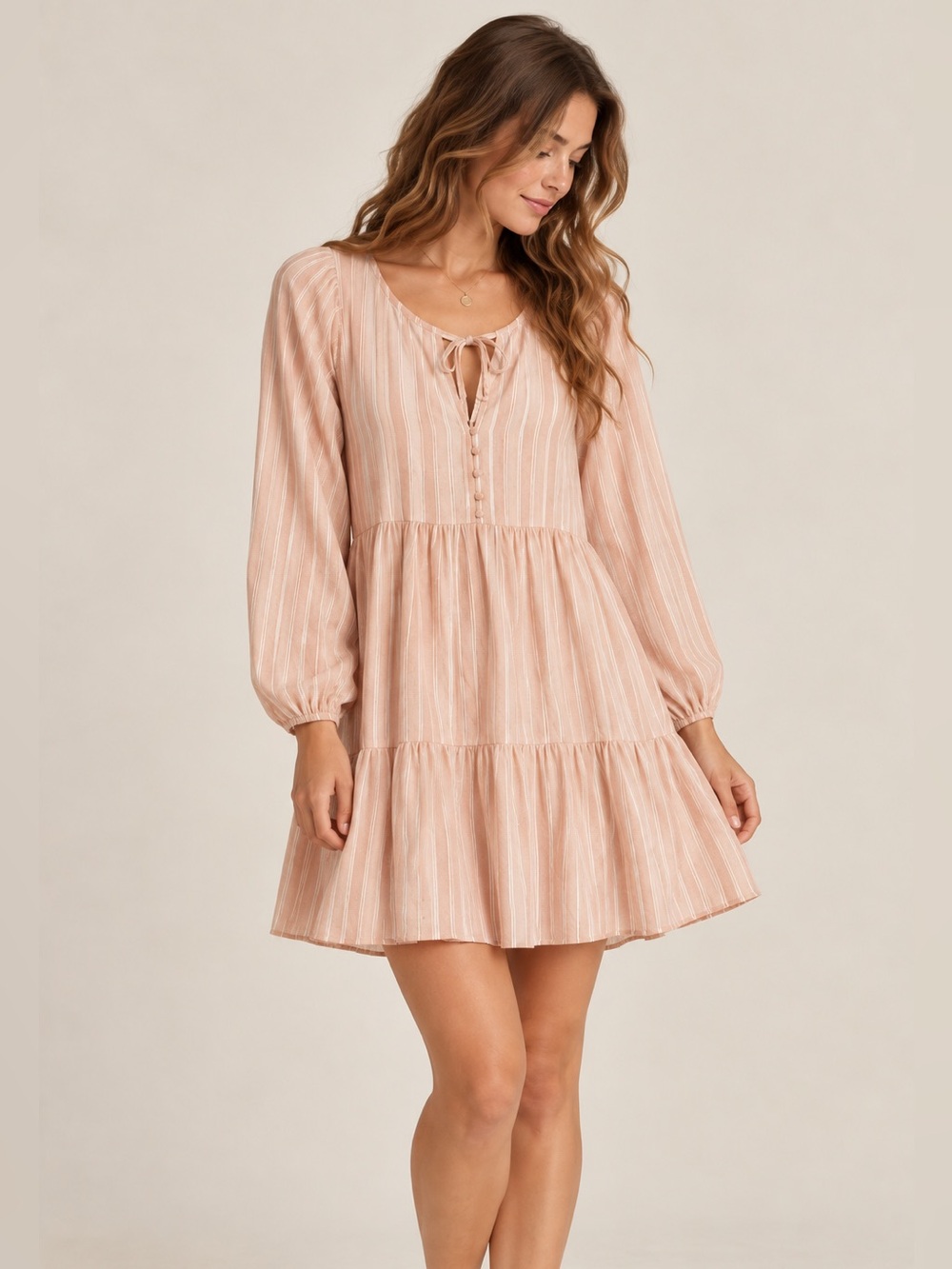 Gentle Fawn Blush Pink Striped Tiered Mini Dress Cottagecore Small